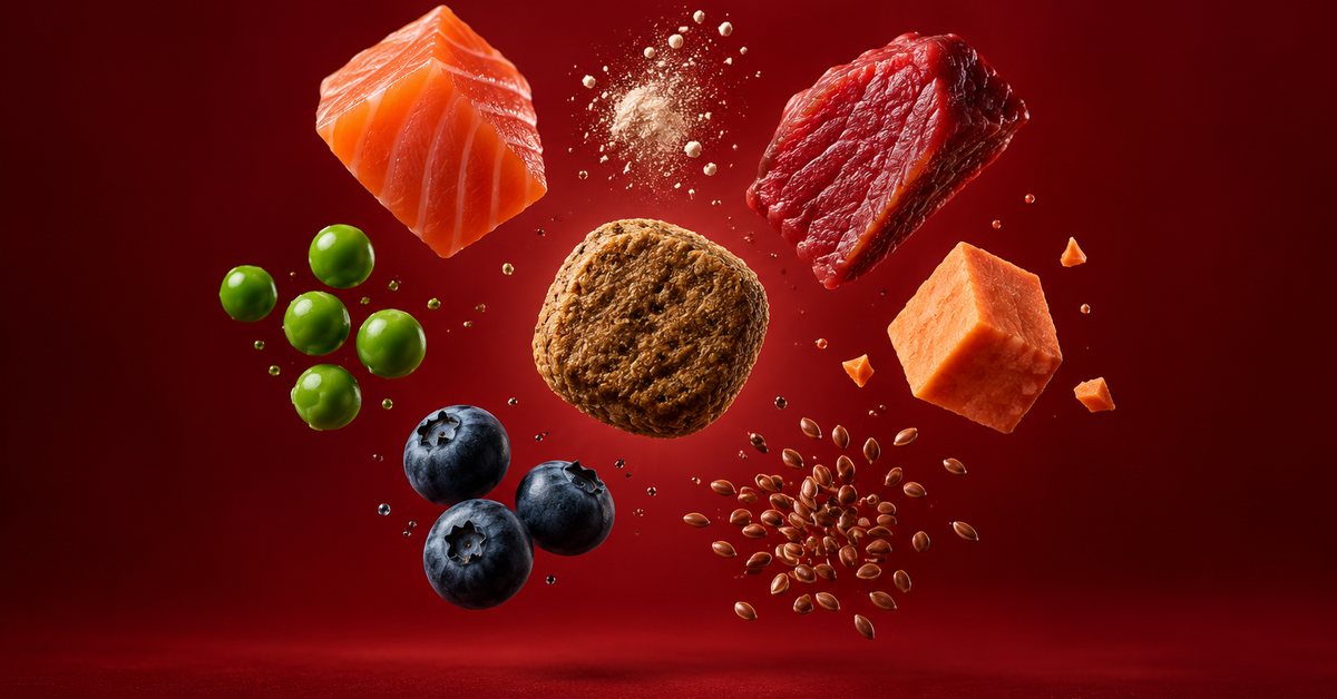 A piece of kibble floating in the middle of its ingredients: salmon, beef, peas, sweet potato, blueberries, flaxseed and minerals.
