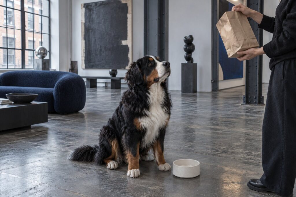 A Bernese Mountain Dog puppy waits beside a plain food bag as a hand checks it in a gallery loft.