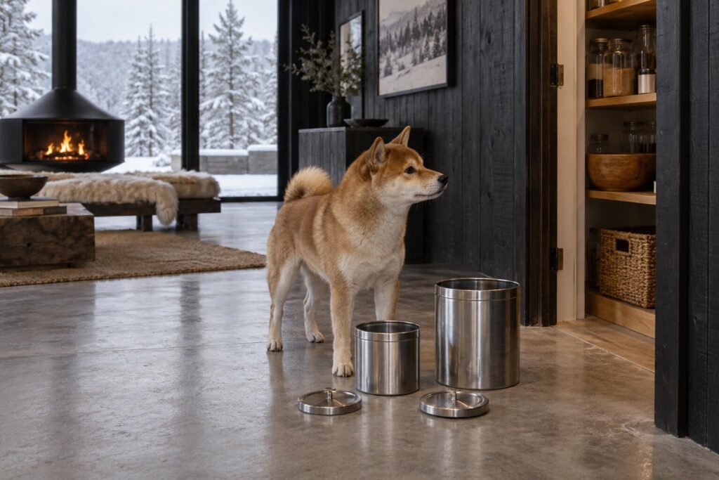 A Shiba Inu stands beside two open empty food canisters in a modern cabin.