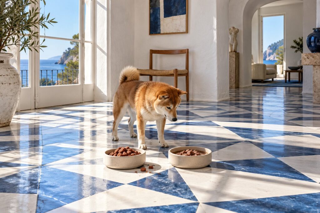 Annamaet launches its first freeze-dried raw dog food line with three recipes 1 A Shiba Inu stands between a bowl of dry and a bowl of rehydrated freeze-dried raw dog food.