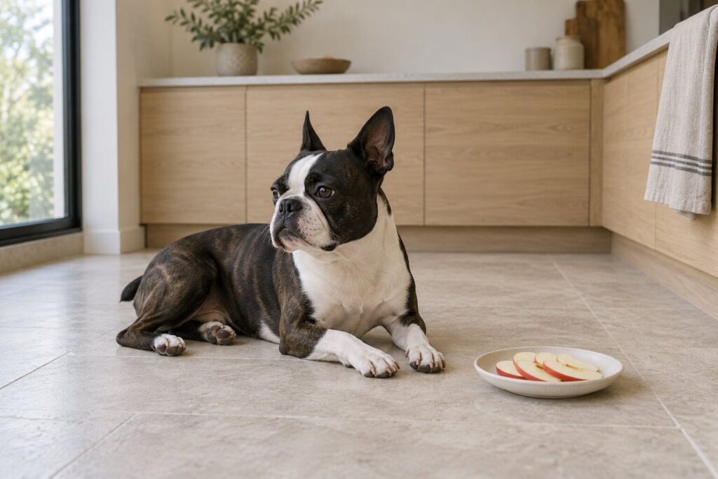 Can Dogs Eat Apples? 2 A Boston terrier rests near a plate of thin apple slices in a bright, minimal kitchen.