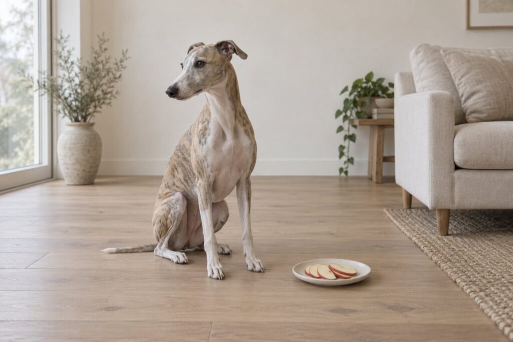 A calm whippet sits beside a plate of thin apple slices in a pale, tidy living room.