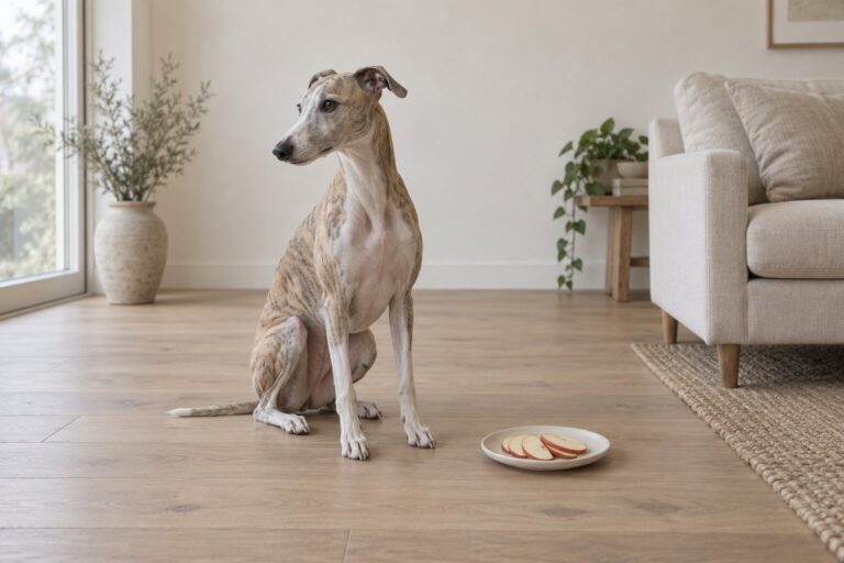 A calm whippet sits beside a plate of thin apple slices in a pale, tidy living room.