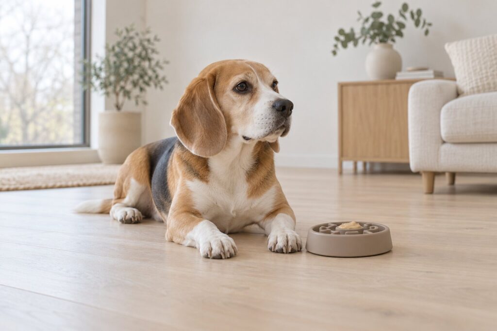 A beagle rests beside a rubber puzzle toy filled with a little mashed banana.