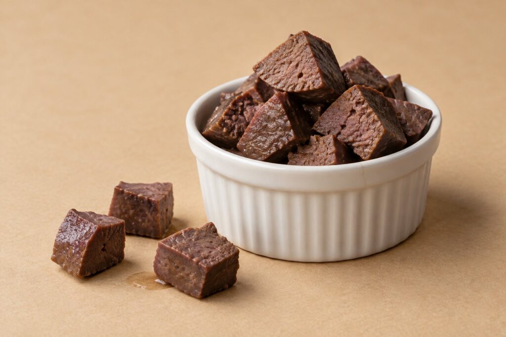 Diced cooked beef liver pieces in a small ceramic dish on a beige backdrop