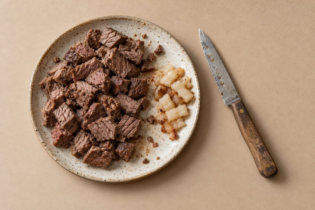 Cubes of plain cooked lean beef on a ceramic plate with trimmed fat set aside