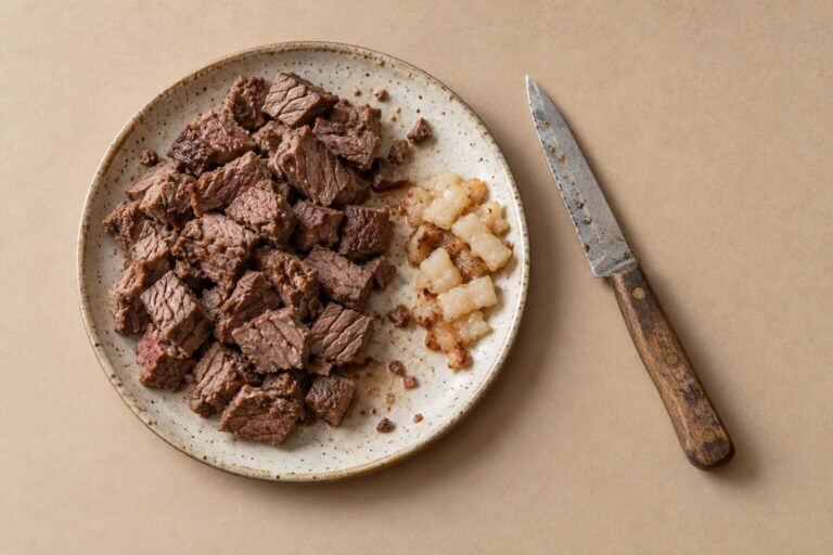 Cubes of plain cooked lean beef on a ceramic plate with trimmed fat set aside