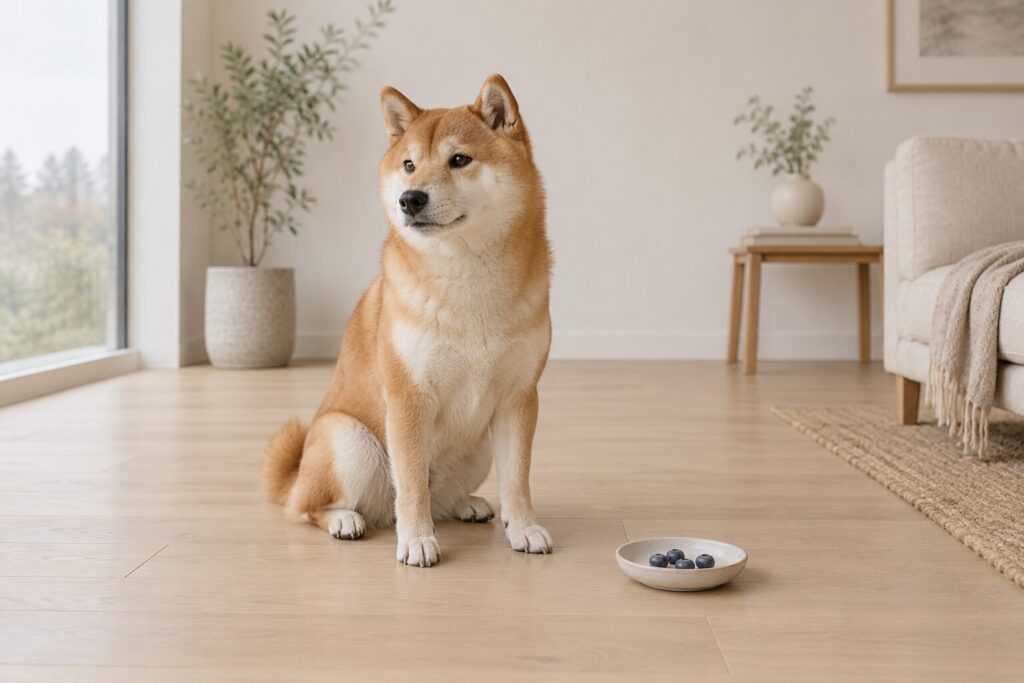 Can Dogs Eat Blueberries? 1 A seated Shiba Inu rests beside a small dish of five blueberries on a pale oak floor.