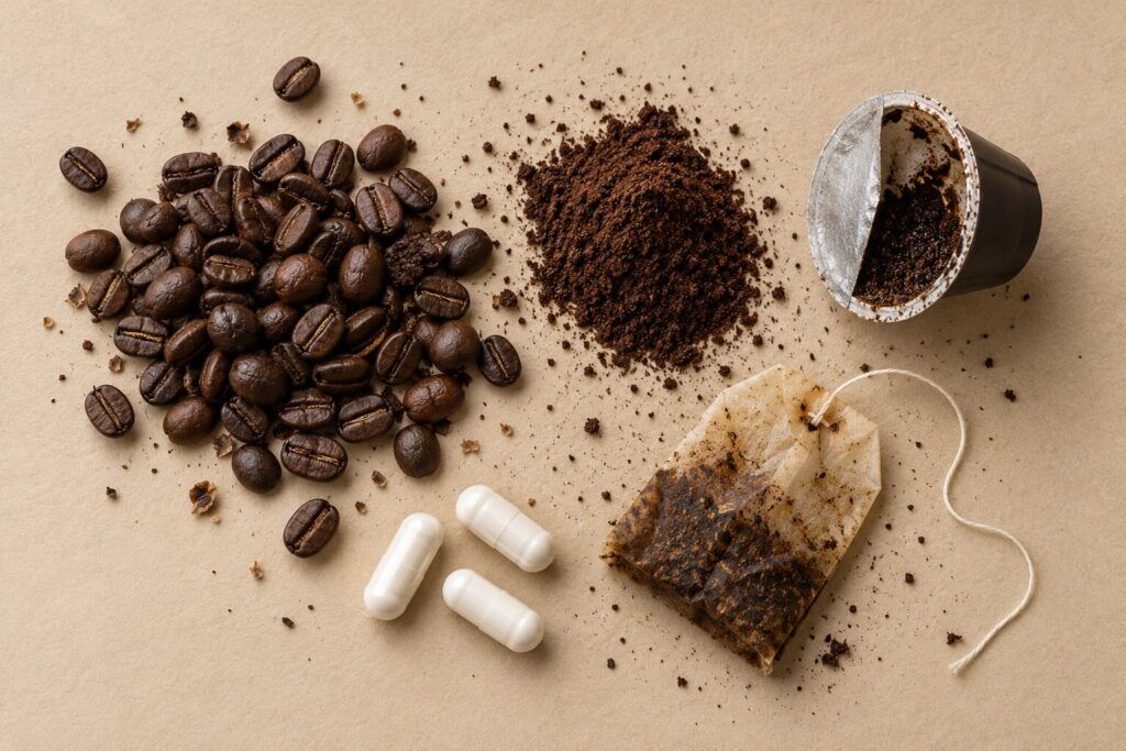 Coffee beans, grounds, a used pod, a tea bag, and capsules laid out on an oat backdrop