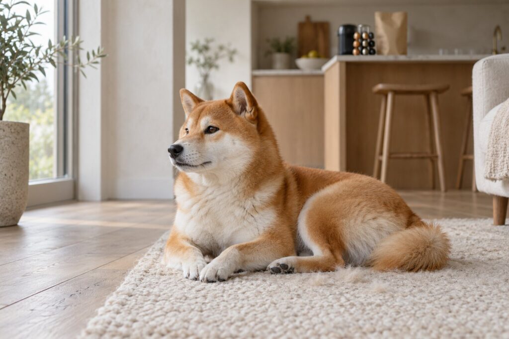 A Shiba Inu rests on a rug while coffee pods sit on a blurred counter behind