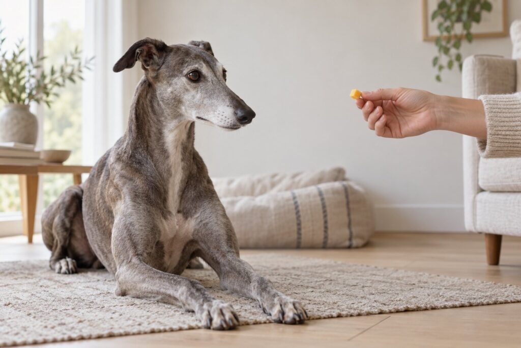Can Dogs Eat Cheese? 2 A greyhound sits calmly beside a hand holding a tiny piece of cheddar.