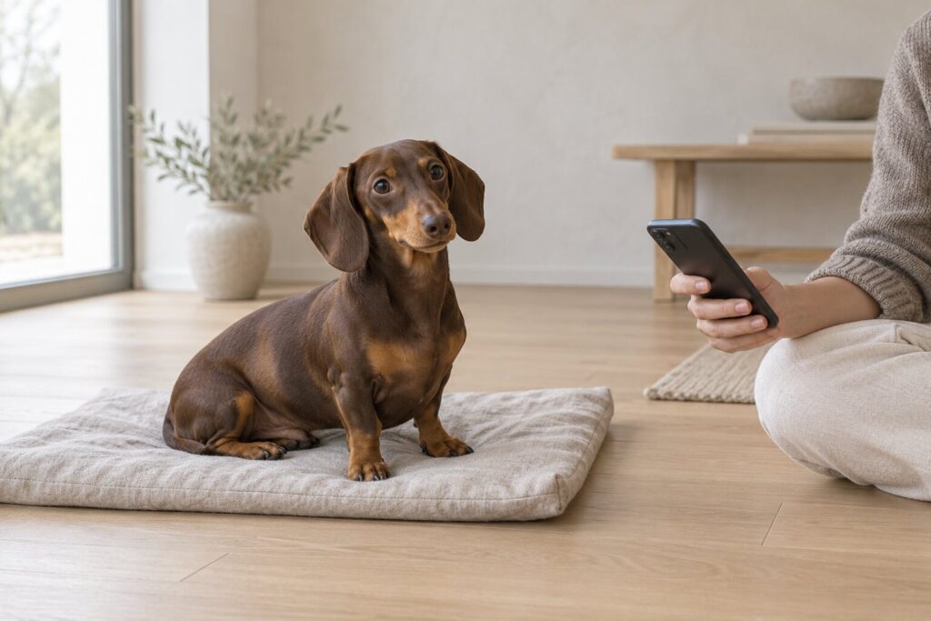 A calm dachshund sits beside an owner making a phone call in a quiet home.