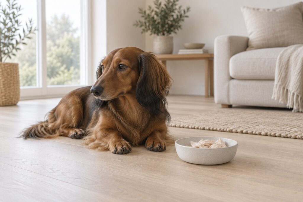 Can Dogs Eat Chicken? 1 A long-haired dachshund rests beside a dish of plain cooked chicken in a bright living room.