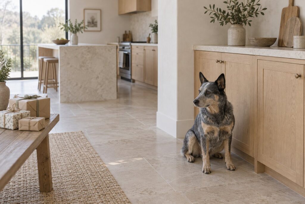 An Australian cattle dog sits beside a closed cupboard near plain wrapped gifts.