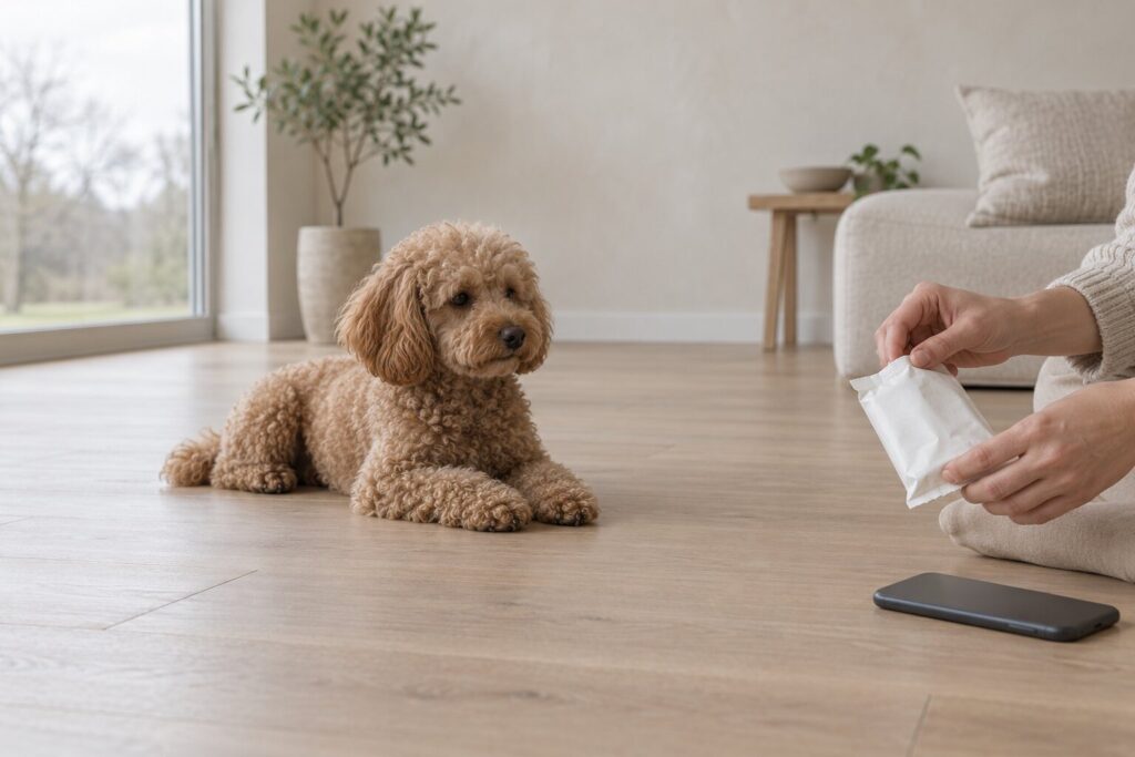 A miniature poodle rests near a person holding a plain wrapper and phone.