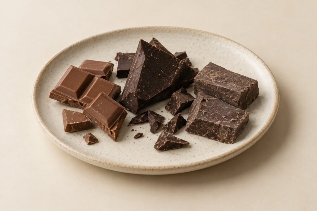 Milk, dark, and baking chocolate pieces rest on a plain stoneware plate.