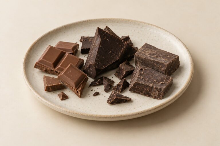 Milk, dark, and baking chocolate pieces rest on a plain stoneware plate.