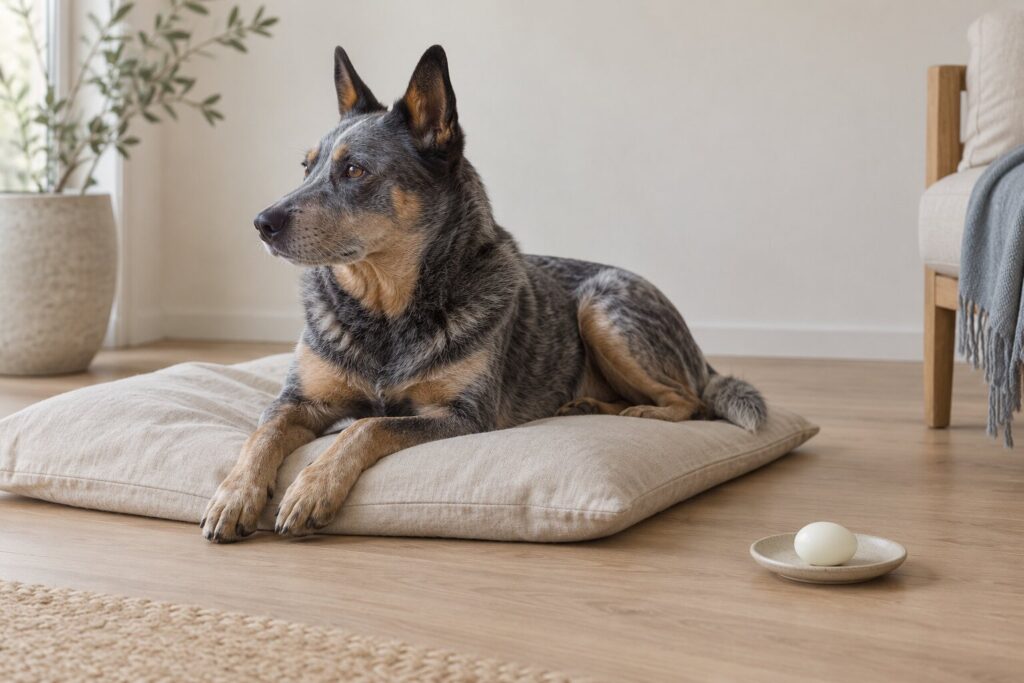An Australian cattle dog rests on a linen cushion beside an untouched hard boiled egg.