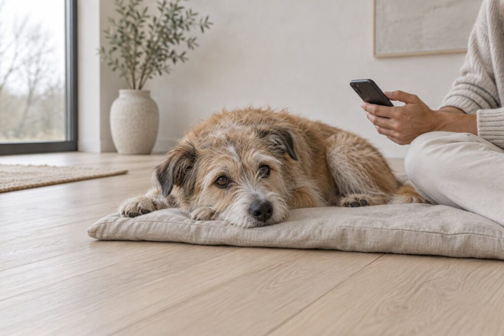 A scruffy mixed-breed dog rests on a linen mat beside a hand holding a phone.