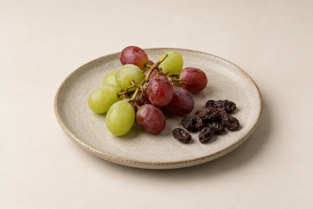 Green and red grapes sit beside several raisins on a plain stoneware plate.