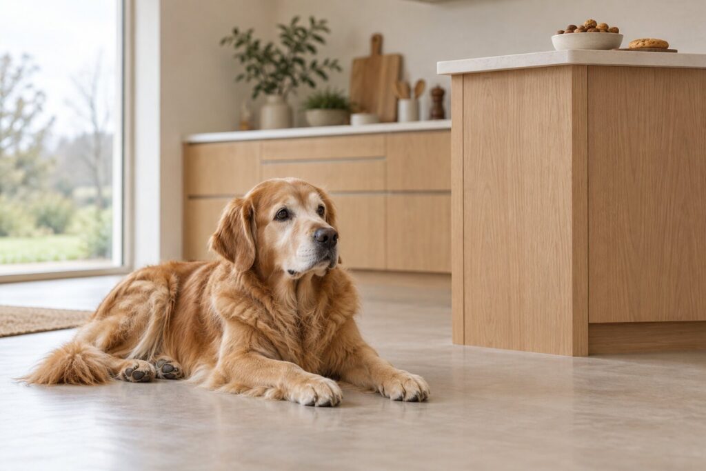 A golden retriever rests on the kitchen floor while nuts and a cookie sit on a distant counter.