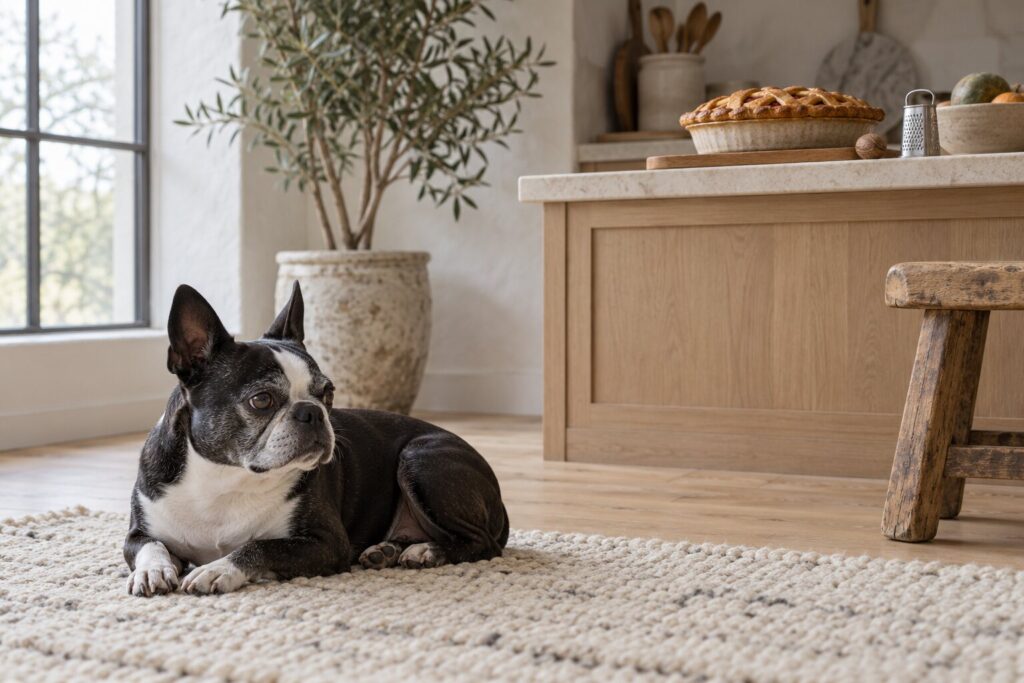 Can Dogs Eat Nutmeg? Why This Fall Spice Is A Never Food 2 A Boston terrier rests on a rug while a pumpkin pie and nutmeg sit on a kitchen counter