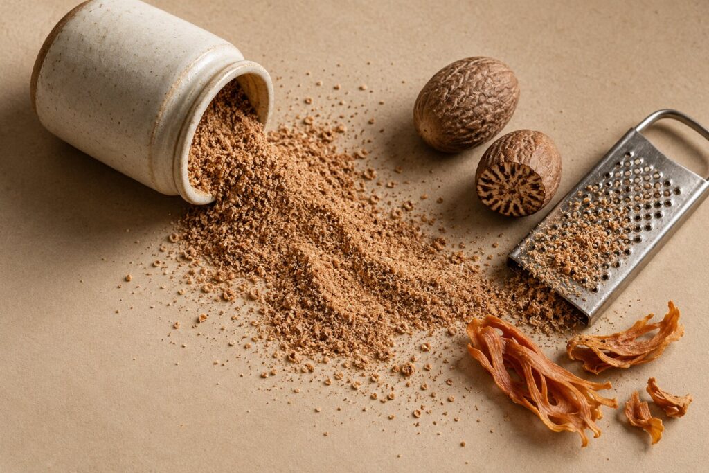Whole nutmegs, a grater, and ground nutmeg spilling from a tipped jar on a beige backdrop