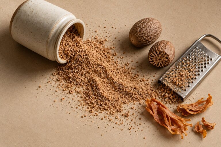 Whole nutmegs, a grater, and ground nutmeg spilling from a tipped jar on a beige backdrop