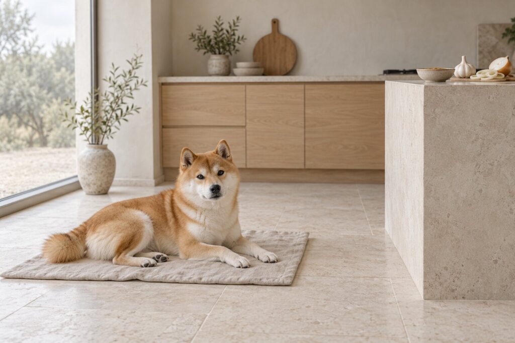 A Shiba Inu rests on a linen mat beside a bowl of gravy, onion rings and garlic on a counter.