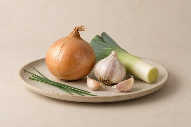 An onion, garlic, leek and chives sit together on a plain ceramic plate.