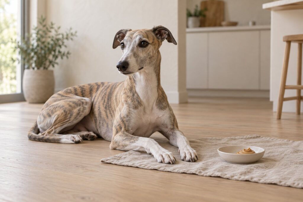 A relaxed whippet rests beside a small dish of peanut butter and an unmarked jar.