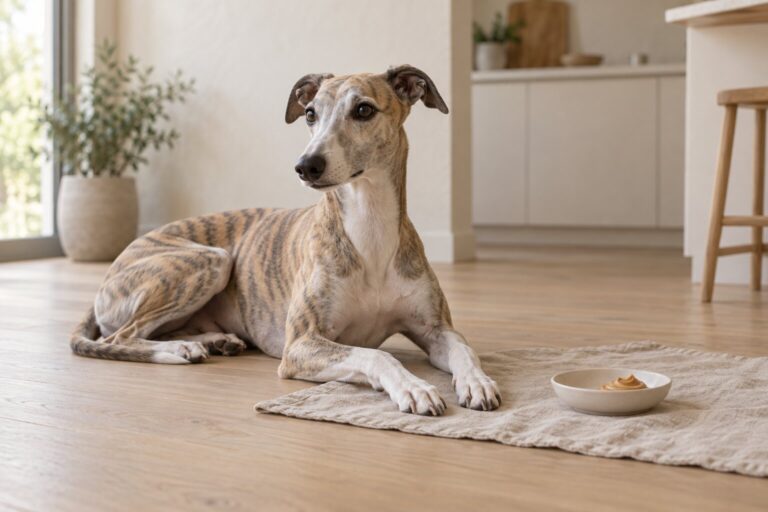 A relaxed whippet rests beside a small dish of peanut butter and an unmarked jar.