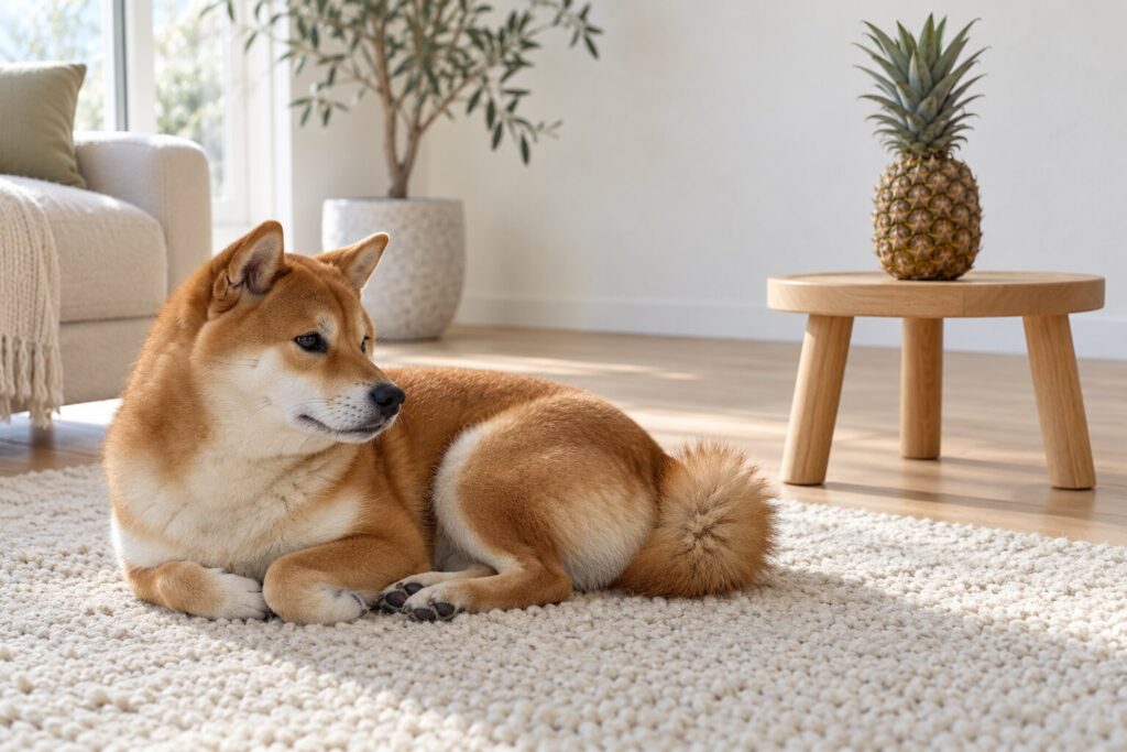A Shiba Inu rests on a rug near a whole pineapple with its skin and crown still on