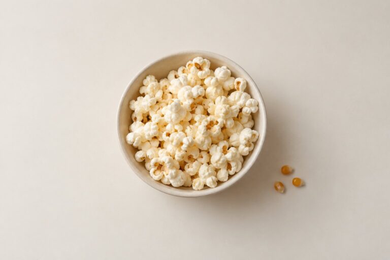A bowl of plain popcorn sits beside three unpopped kernels on a bone-colored surface.