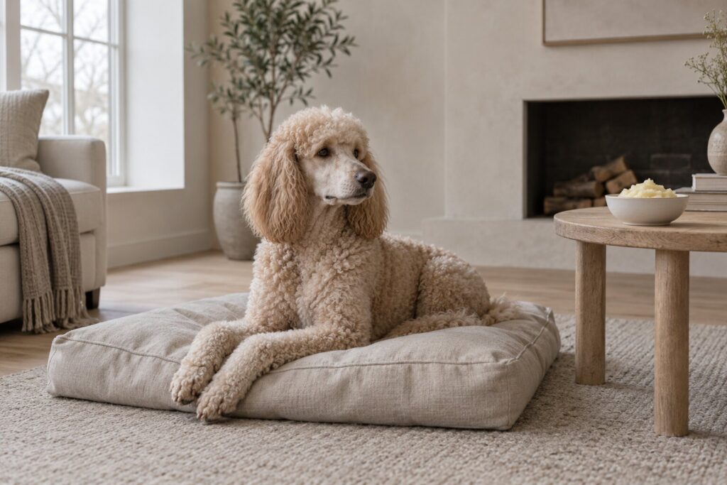 A calm poodle rests on a pale oak floor beside a small bowl of plain mashed potato.