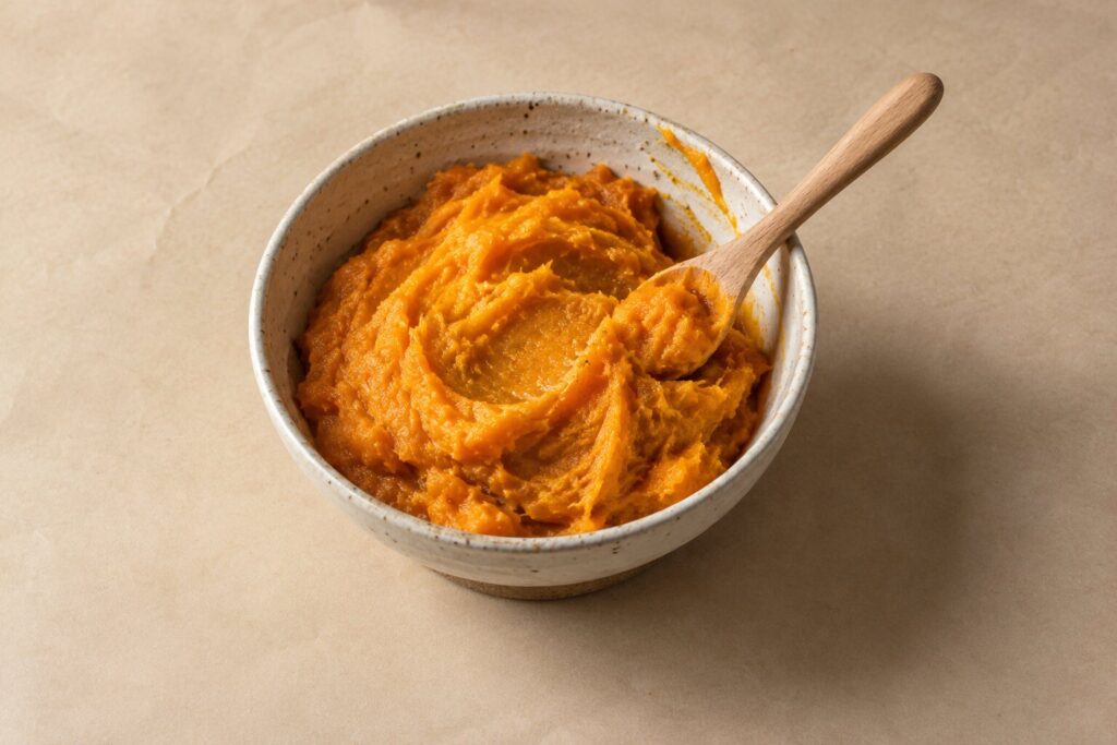 A bowl of bright orange pumpkin puree sits on a beige backdrop with a spoon beside it.