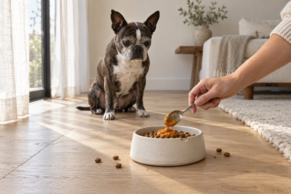 A Boston terrier sits by a bowl as a hand spoons pumpkin onto its kibble in a bright room.