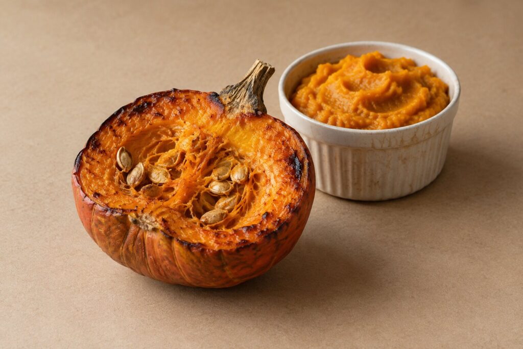 A halved roasted pumpkin sits next to a small bowl of mashed pumpkin puree on a tabletop.
