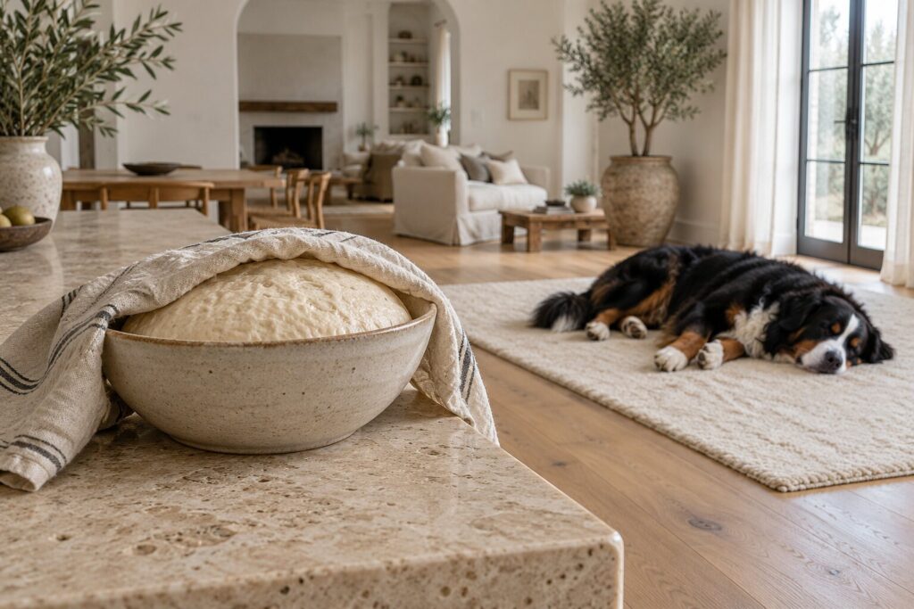 A Bernese Mountain Dog rests on a rug while a bowl of dough proofs on a counter nearby.