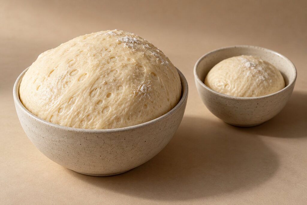 Two balls of raw dough of different sizes sit in small ceramic bowls on a beige backdrop.