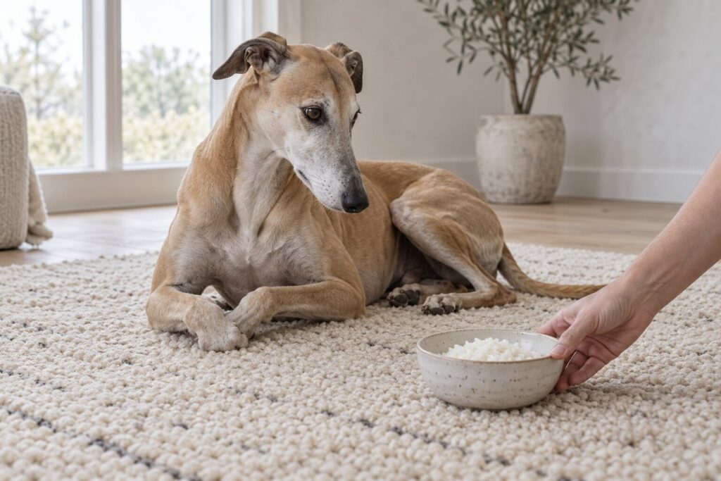 Can Dogs Eat Rice? 1 A greyhound rests on a cream rug next to a small bowl of plain rice
