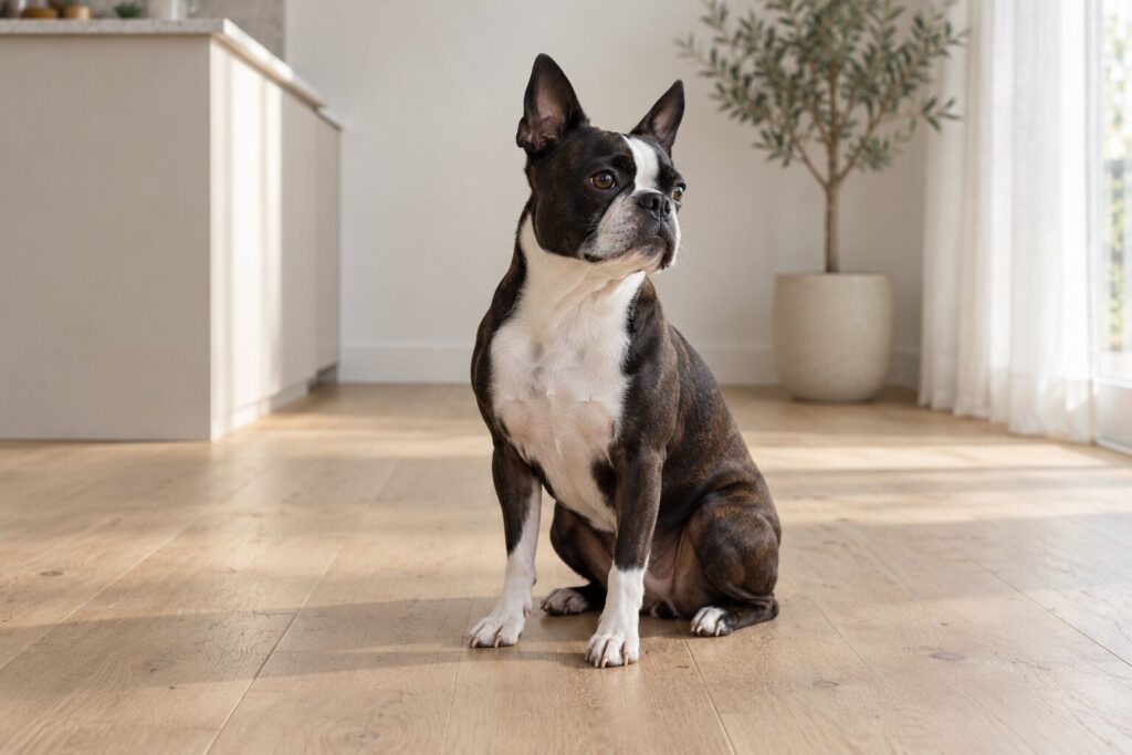 Can Dogs Eat Shrimp? 1 Boston terrier sits attentively on a pale oak floor in a bright minimal kitchen