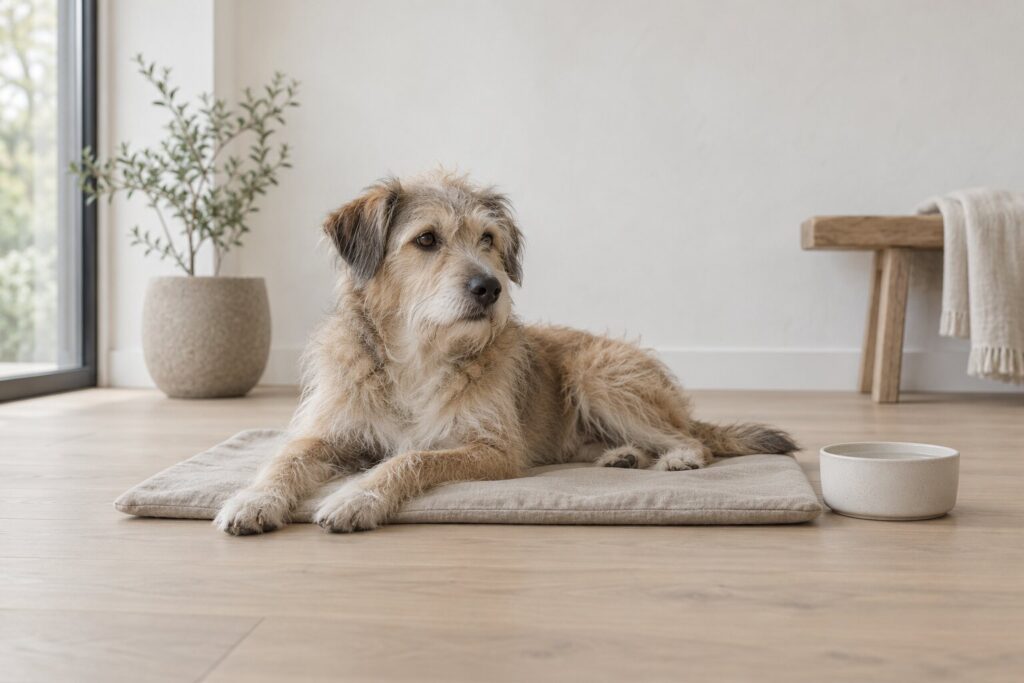 A relaxed scruffy mixed-breed dog rests on a linen mat beside a plain bowl of water.