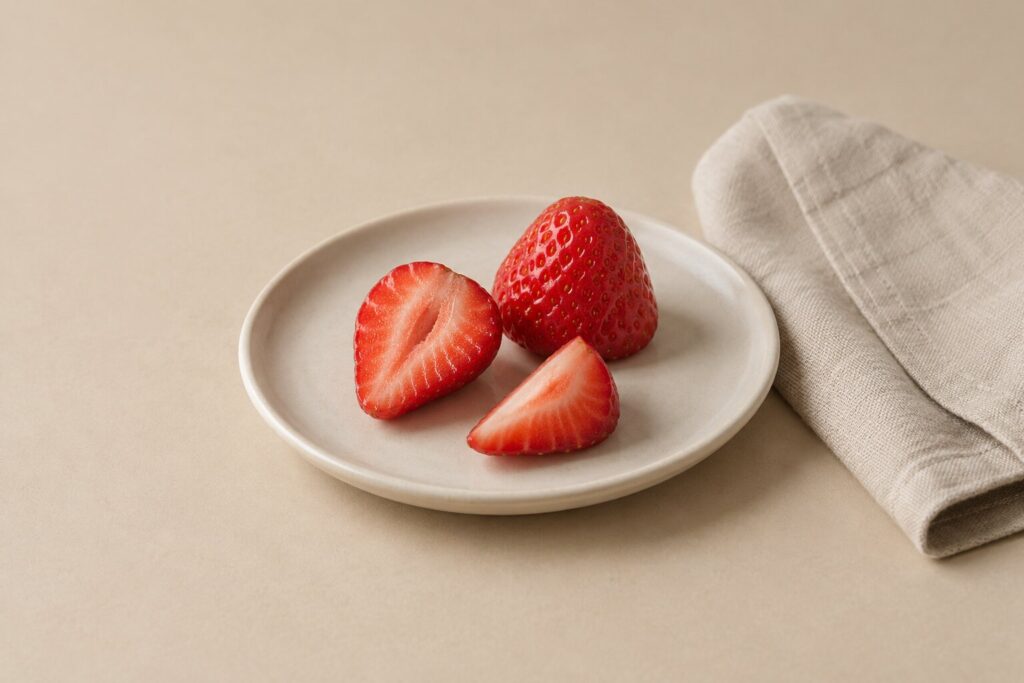 Washed strawberries with their leaves removed, one halved and another quartered on a ceramic plate.