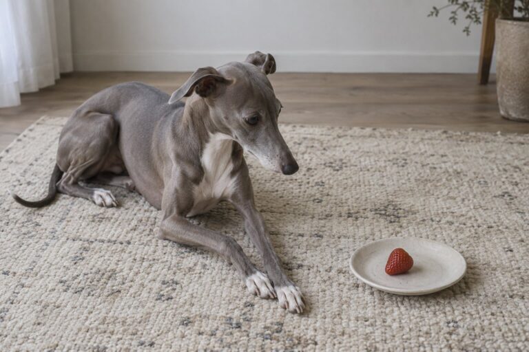 An Italian greyhound rests beside a ceramic saucer holding one fresh strawberry.
