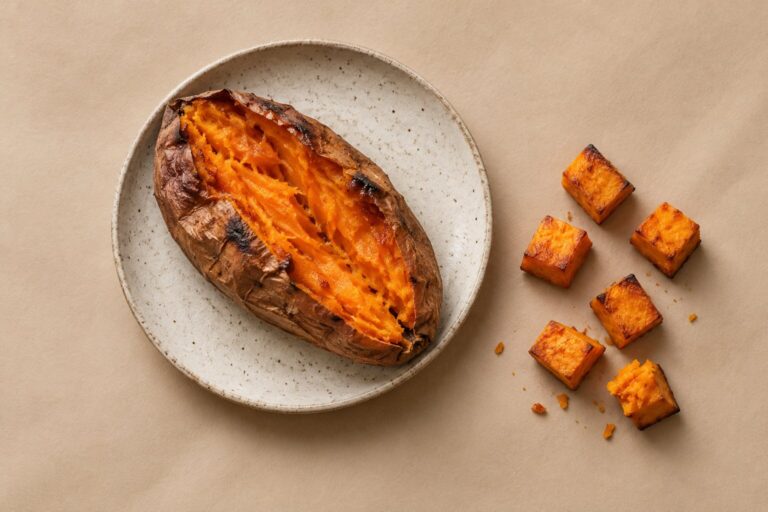 A split roasted sweet potato and diced cubes on a speckled plate on an oat backdrop