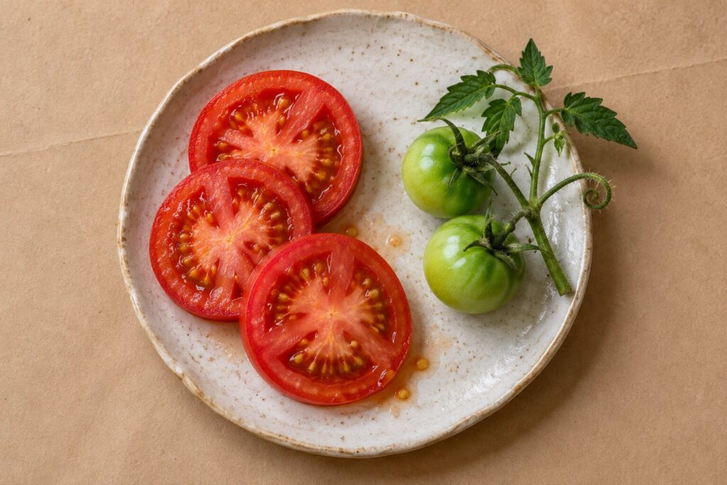 Can Dogs Eat Tomatoes? 1 Ripe red tomato slices beside green unripe tomatoes and a leafy vine on a plate