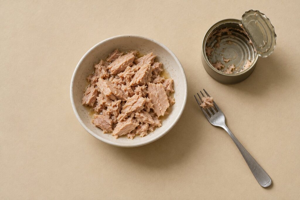 A bowl of drained canned tuna chunks sits beside an empty tin can and a fork
