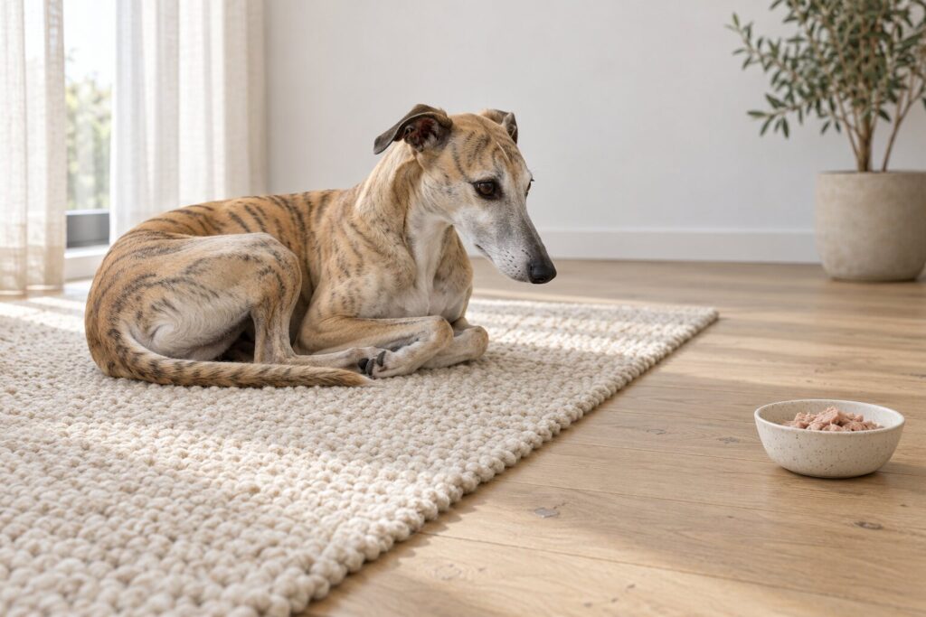 Can Dogs Eat Tuna? 1 A whippet lies on a rug near a small bowl of plain tuna on the floor