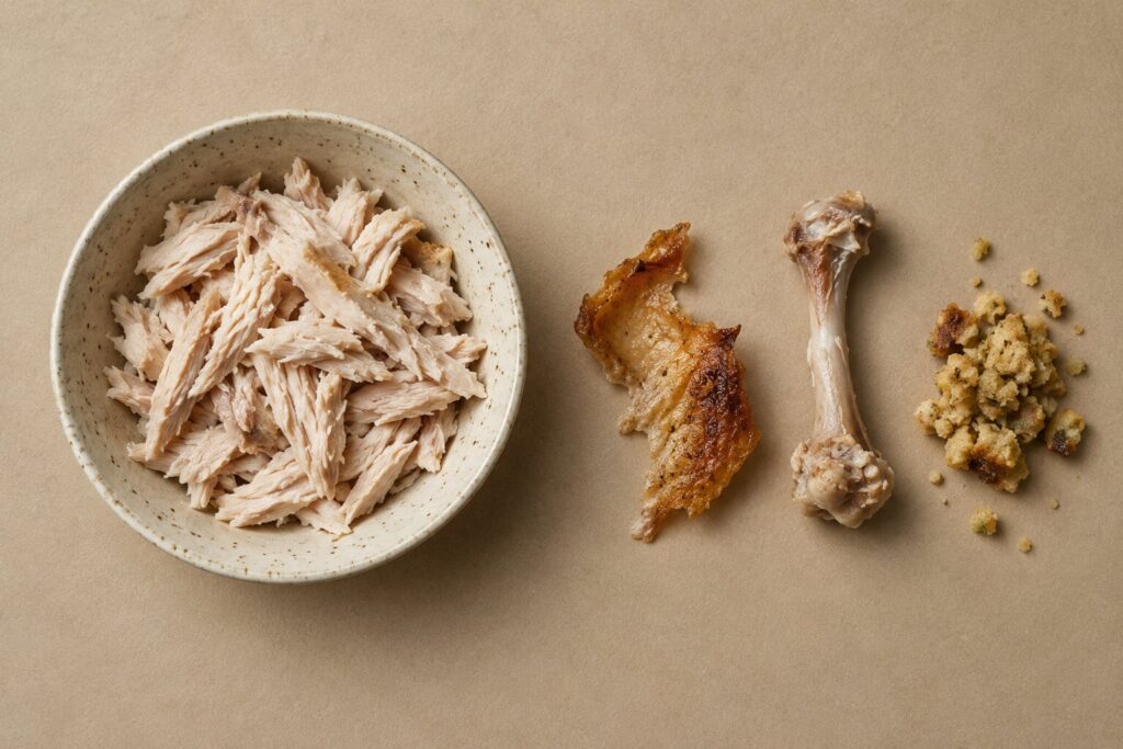 Shredded plain turkey breast in a bowl beside turkey skin, a bone, and stuffing on a tan backdrop
